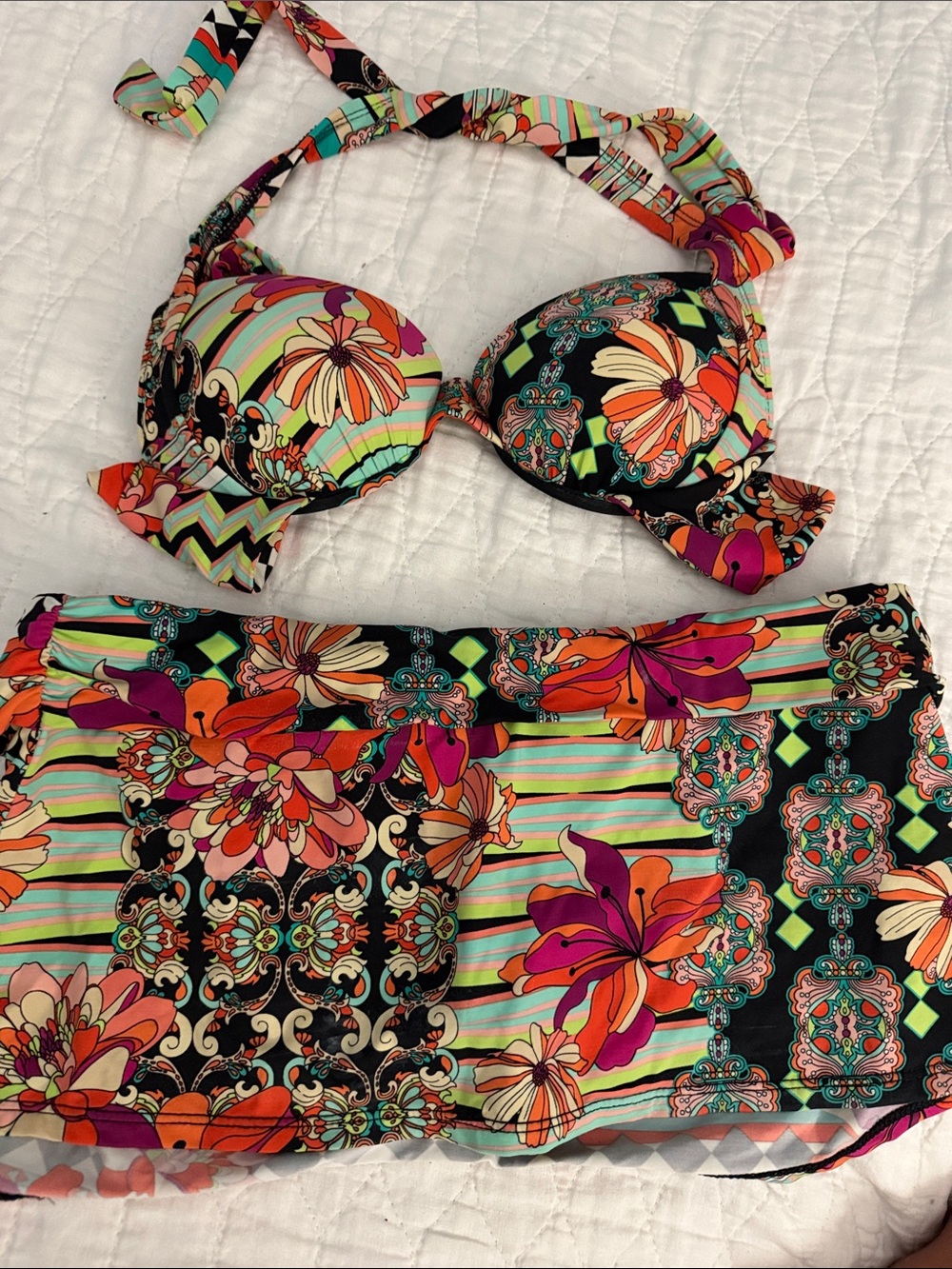 Cremieux Floral Retro Print Bikini Set in Black, Orange, Purple, Green
